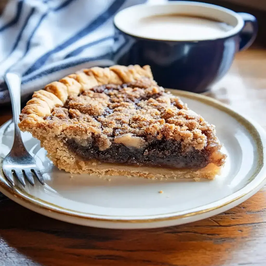 A slice of pie with a crumbly topping sits on a white plate beside a cup of coffee.