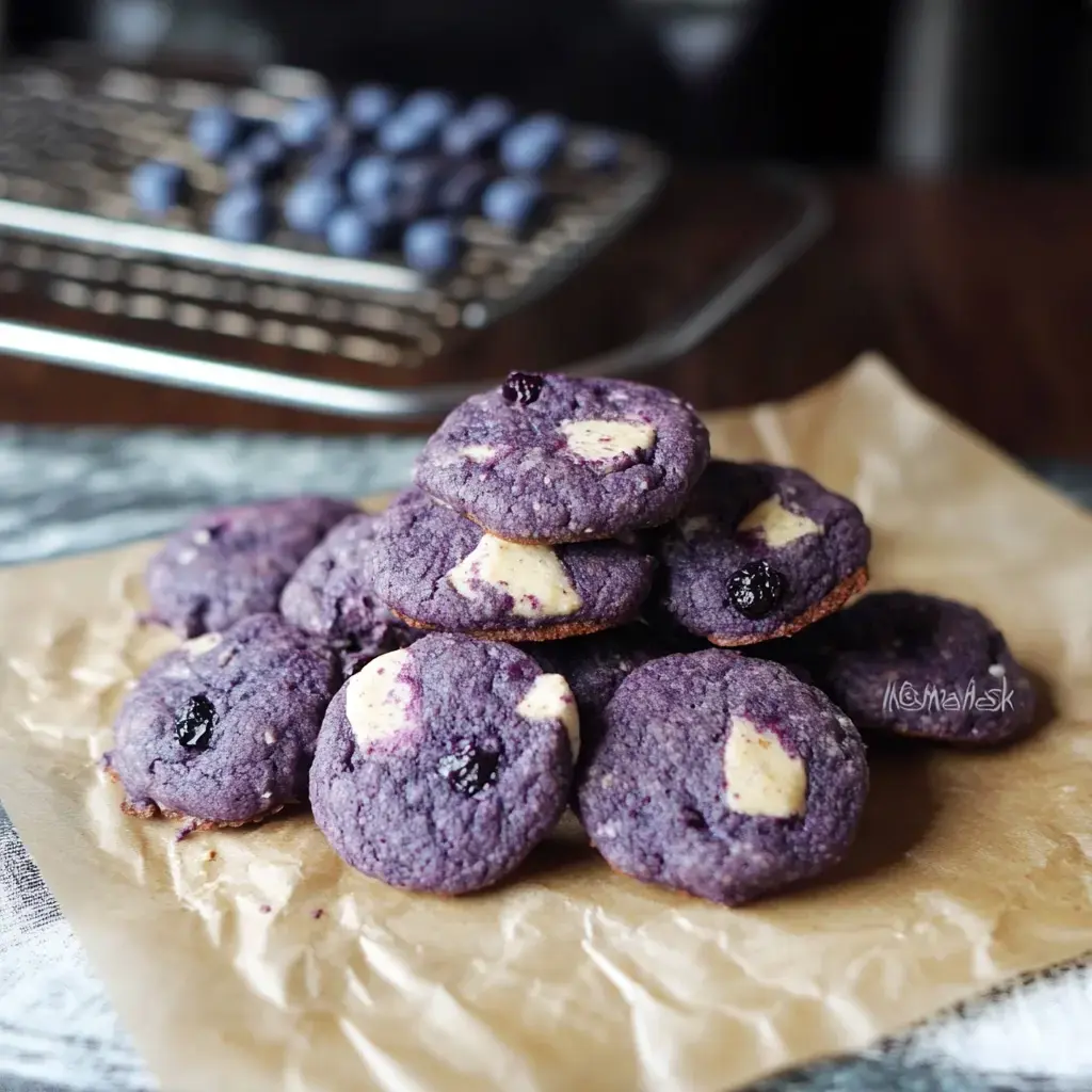 A stack of purple cookies with white chocolate pieces sits on parchment paper, with a wire rack of blueberries in the background.