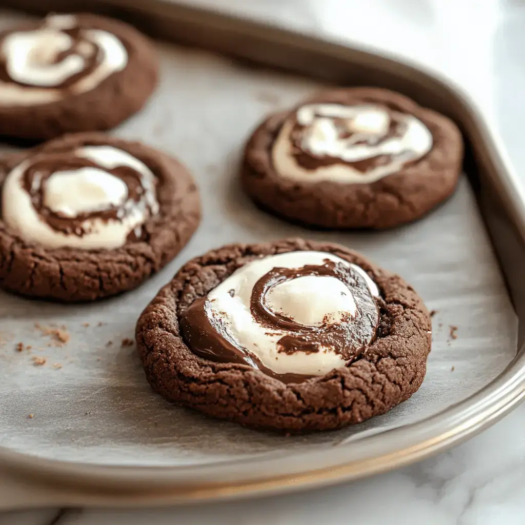 A tray of freshly baked chocolate cookies topped with swirls of chocolate and marshmallow.