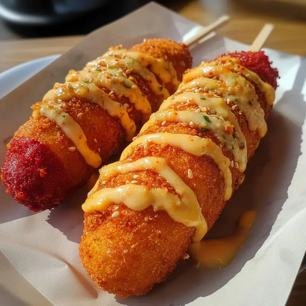 Two fried hot dogs coated in a golden crispy batter and drizzled with creamy sauce, served on sticks.