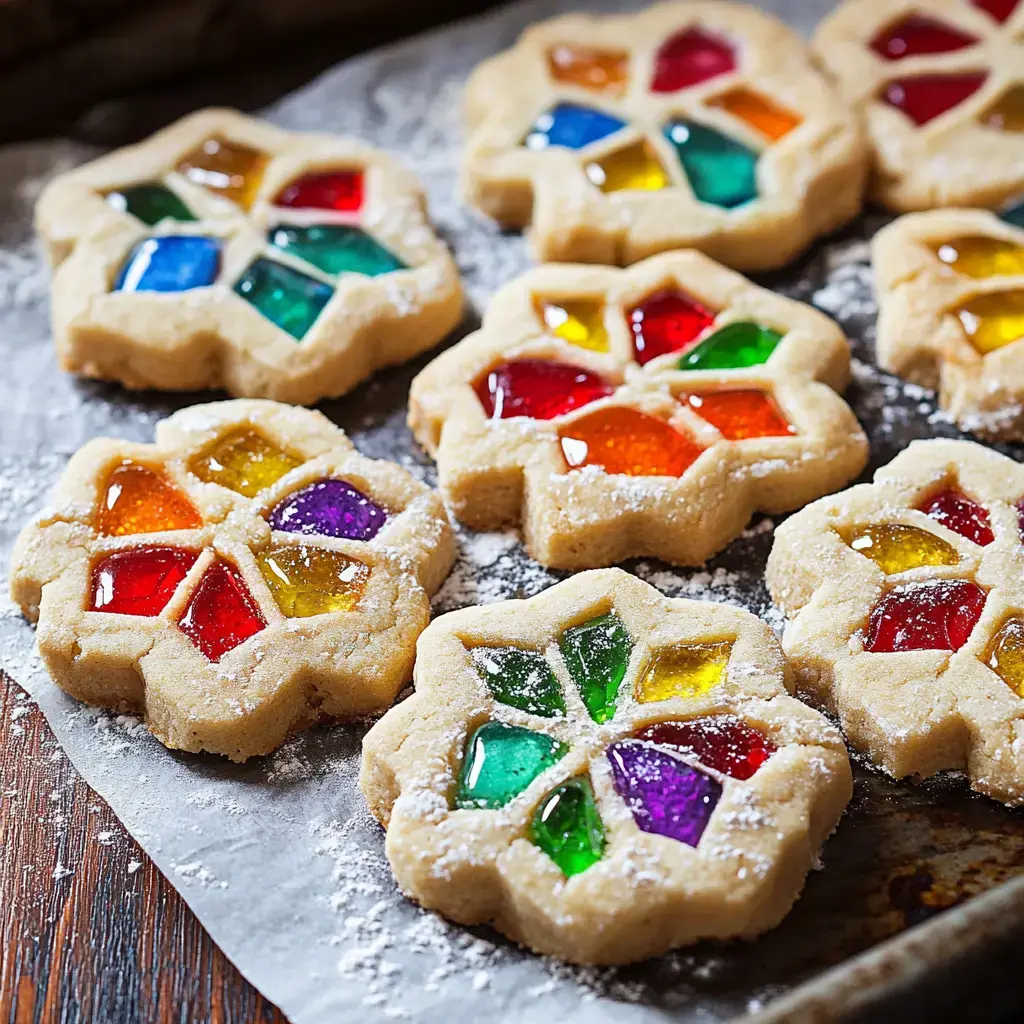 A tray of colorful stained glass cookies shaped like flowers, featuring vibrant gem-like decorations and a dusting of powdered sugar.