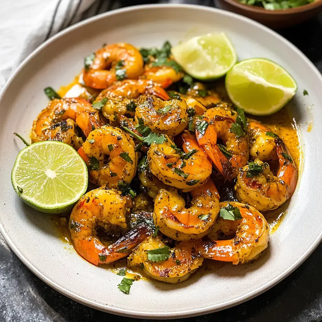 A plate of marinated and sautéed shrimp garnished with fresh cilantro and lime wedges.