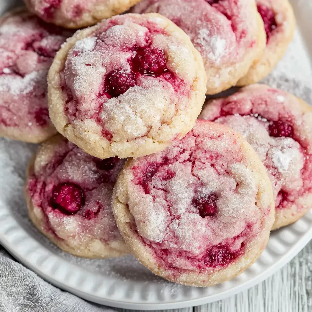 A close-up of pink-tinged cookies studded with raspberries and dusted with sugar, displayed on a white plate.