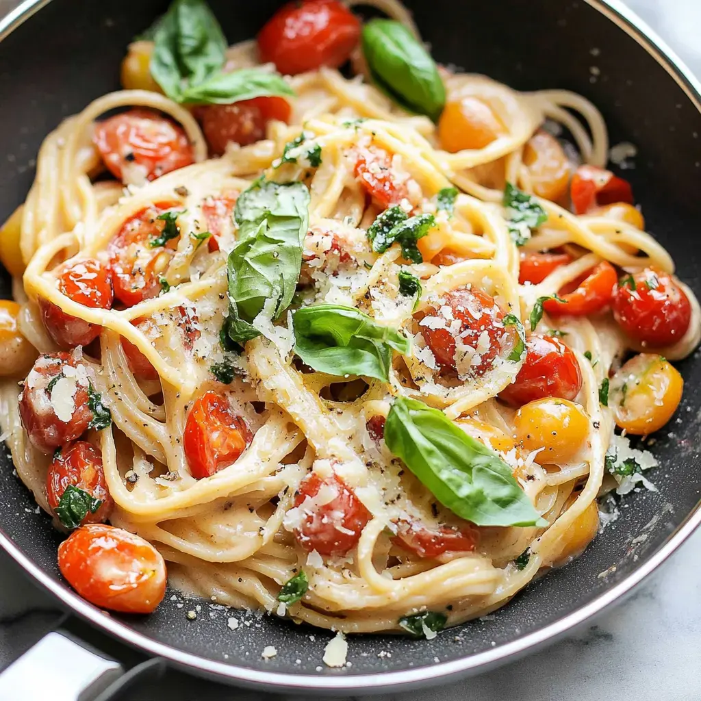 A serving of pasta with cherry tomatoes, fresh basil, and grated cheese in a black skillet.