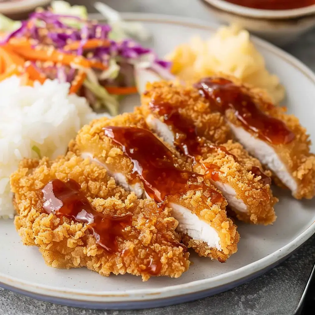 A plate of crispy fried chicken cutlets drizzled with sauce, accompanied by rice, salad, and pickled vegetables.