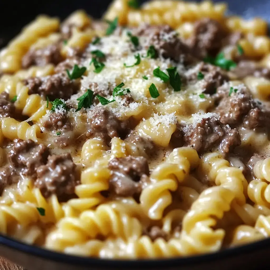 A close-up bowl of spiral pasta topped with minced meat, cream sauce, parsley, and grated cheese.