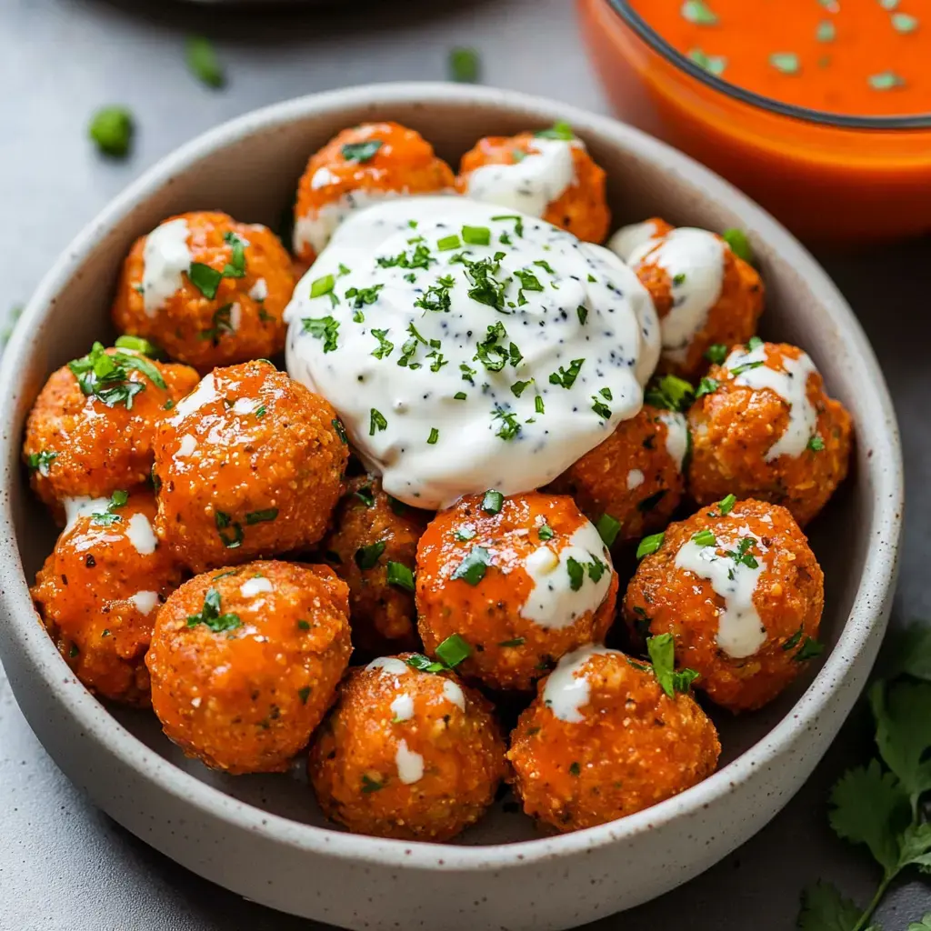 A bowl of orange-colored meatballs topped with yogurt and garnished with chopped herbs, accompanied by a side of sauce.