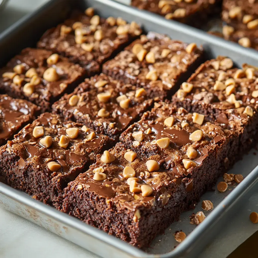 A close-up of a metal baking pan filled with chocolate brownies topped with chocolate and butterscotch chips.