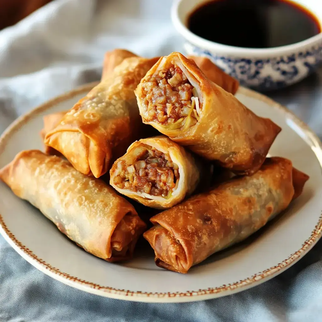 A plate of crispy, golden-brown spring rolls is served with a small bowl of dark dipping sauce.