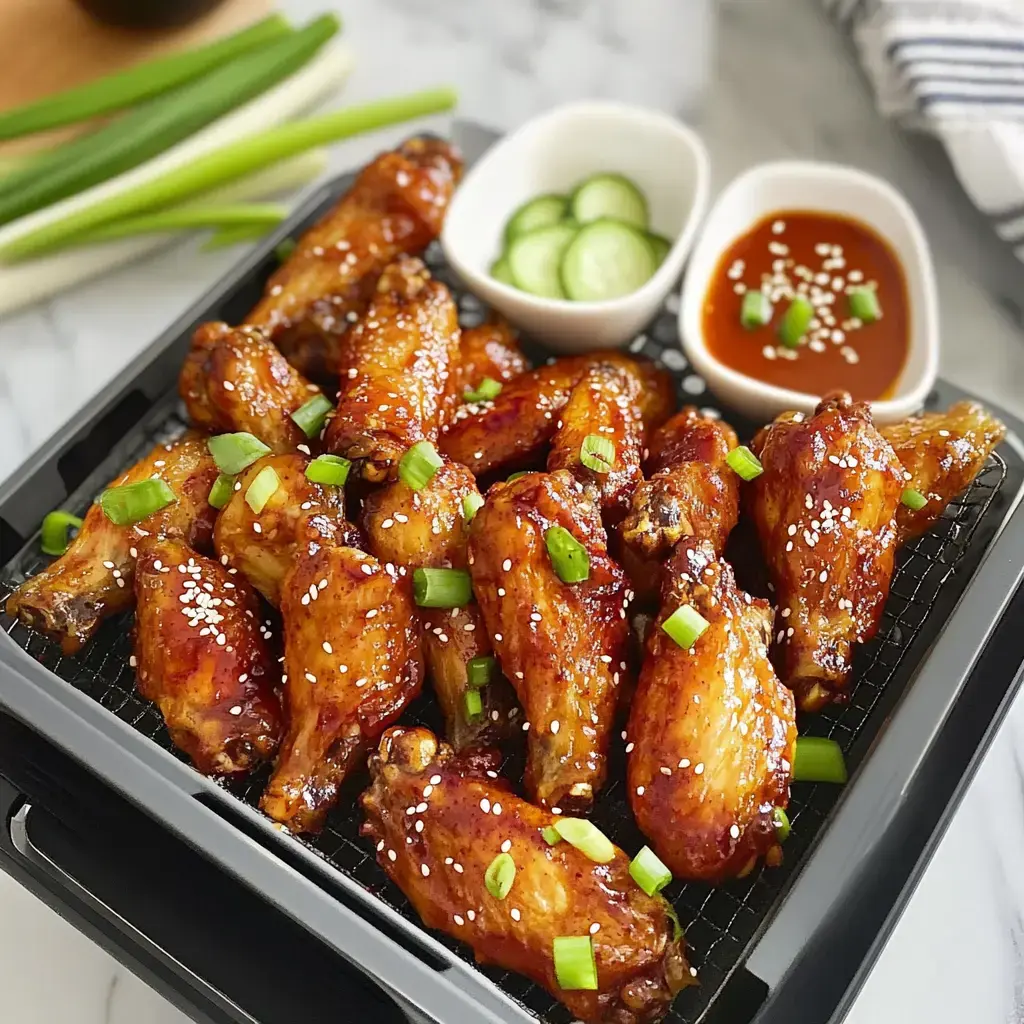 A platter of glazed chicken wings garnished with green onions and sesame seeds, accompanied by sliced cucumbers and a small bowl of dipping sauce.