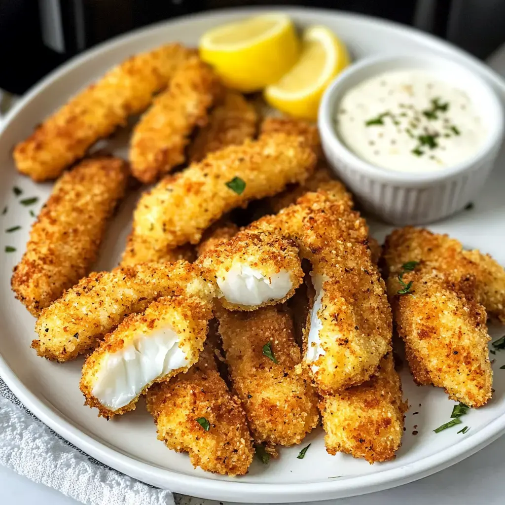 A plate of golden-brown fish sticks is served with lemon wedges and a small bowl of dipping sauce.