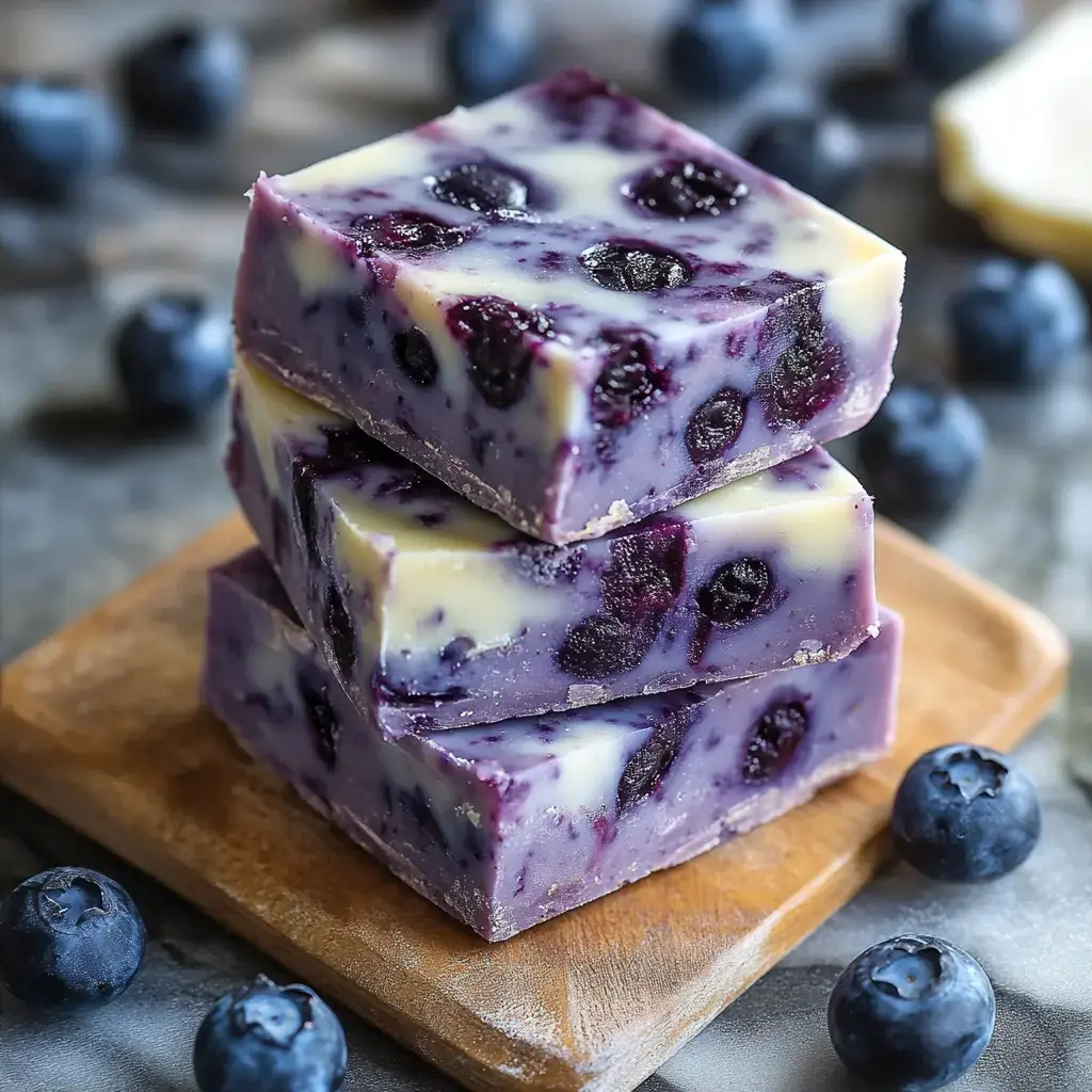 Three layered blueberry bars are stacked on a wooden board, surrounded by fresh blueberries.