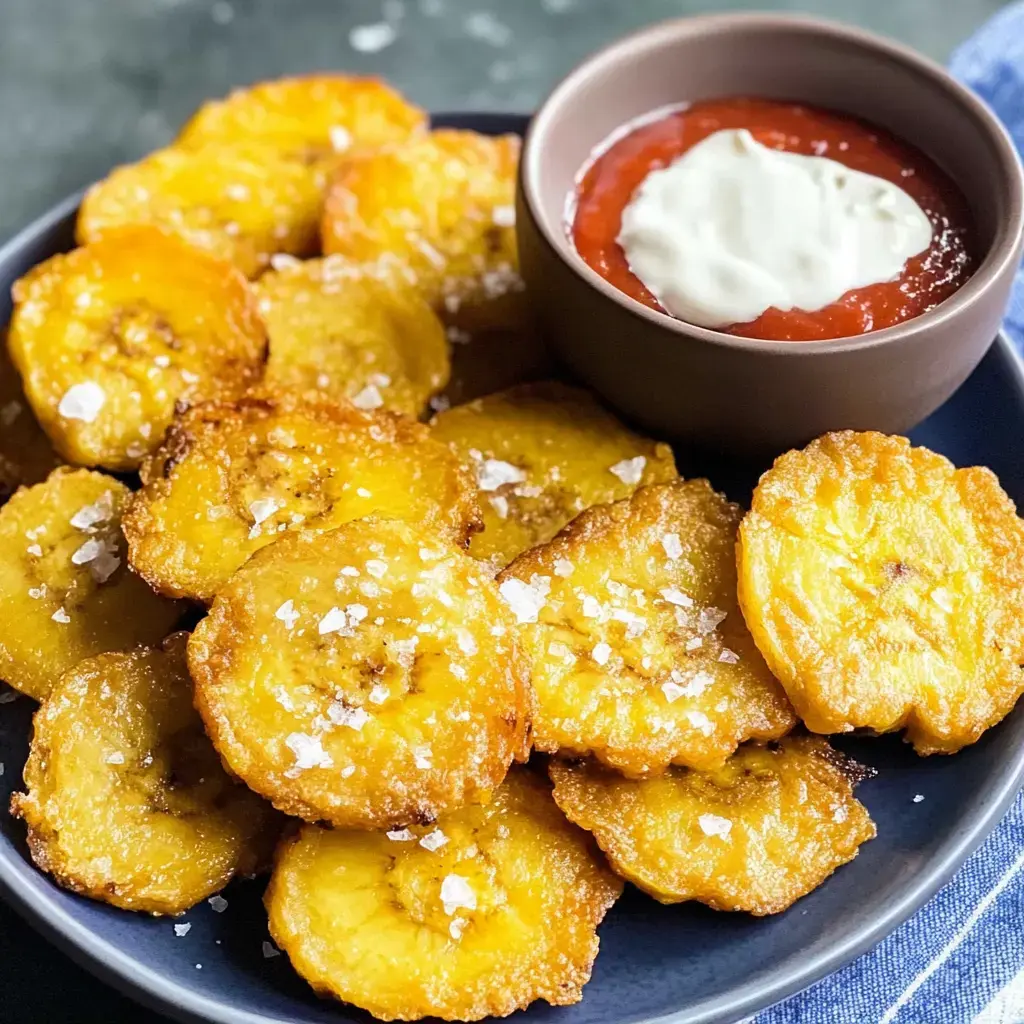 A plate of golden, fried plantain slices topped with coarse salt, served alongside a small bowl of dipping sauce.