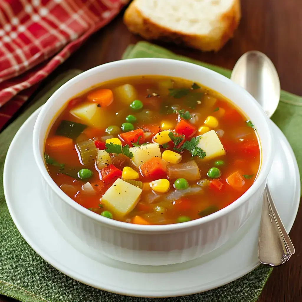 A bowl of vegetable soup with carrots, peas, corn, and potatoes, served on a green napkin next to a slice of bread.