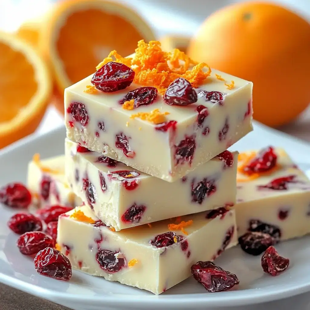 A plate of stacked white chocolate cranberry fudge topped with orange zest, with halved oranges in the background.