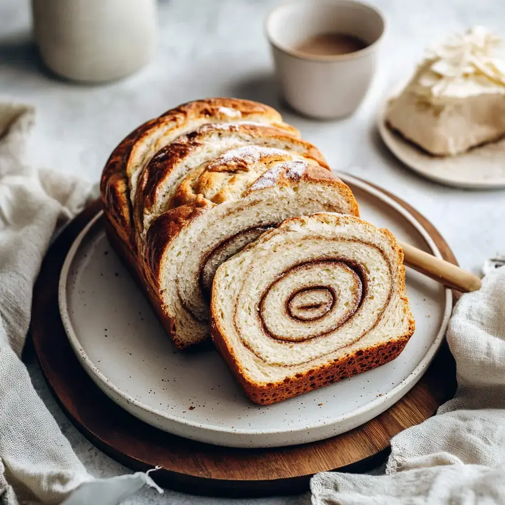 A freshly sliced loaf of cinnamon swirl bread on a plate, accompanied by a cup of coffee and a small dessert.