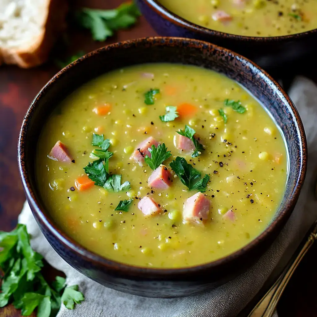 A close-up of a bowl of split pea soup garnished with parsley and diced ham, with a slice of bread and fresh parsley nearby.