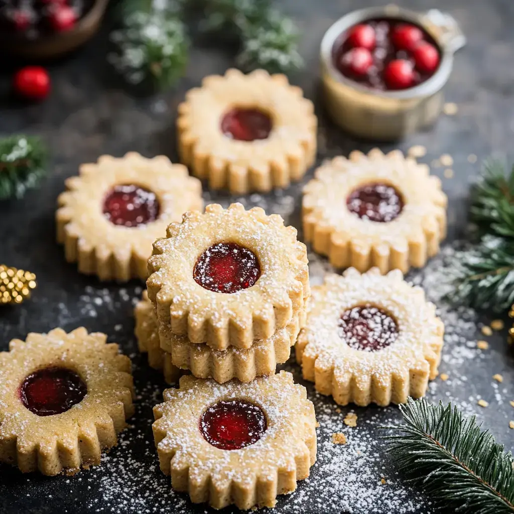 A festive arrangement of jam-filled cookies dusted with powdered sugar, surrounded by holiday decorations.