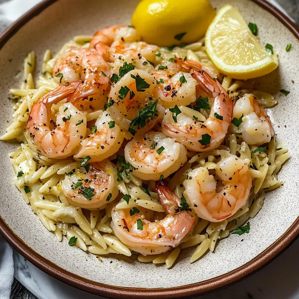 A bowl of orzo pasta topped with seasoned shrimp, garnished with chopped parsley and lemon wedges.