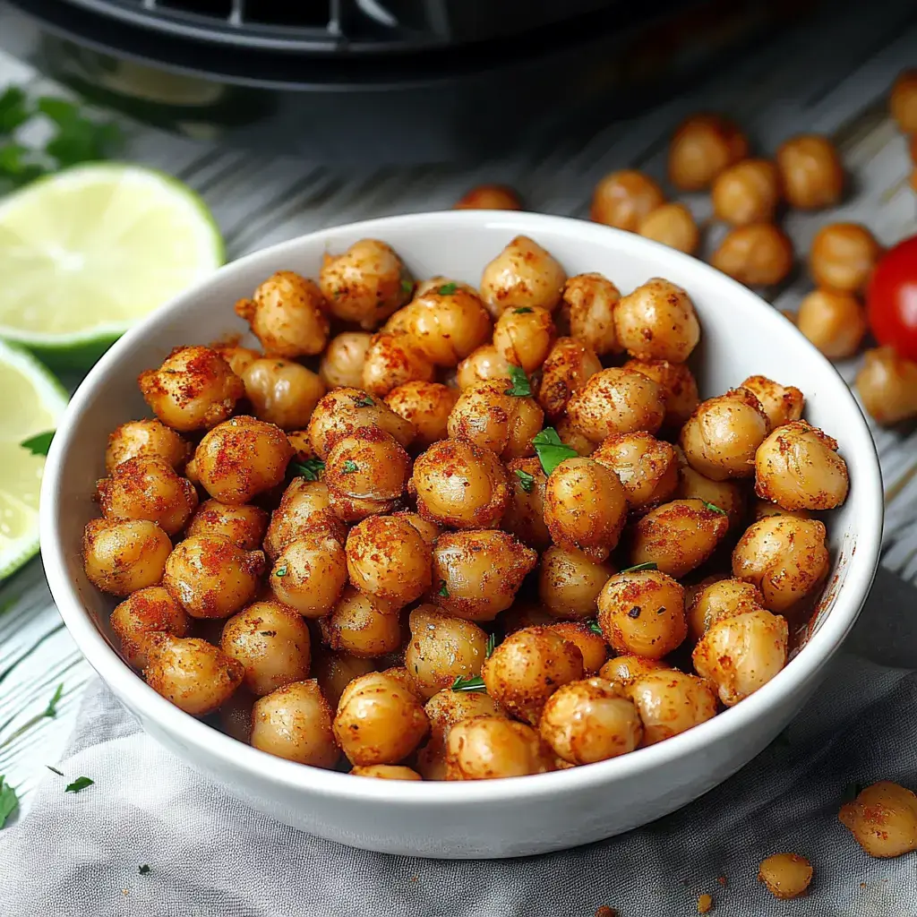 A bowl of seasoned chickpeas garnished with herbs, surrounded by lime slices and scattered chickpeas.