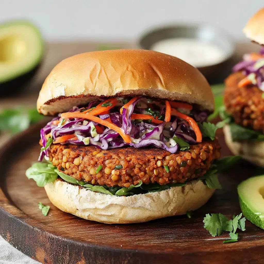 A close-up of a vegetarian burger featuring a lentil patty, topped with vibrant purple and orange slaw, lettuce, and set on a toasted bun, with avocado halves visible in the background.