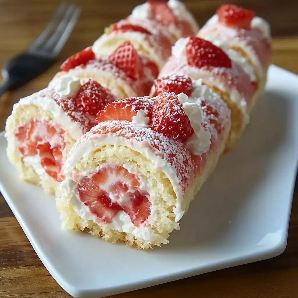 A slice of strawberry roll cake filled with cream and fresh strawberries, topped with additional strawberries and powdered sugar, served on a white plate.