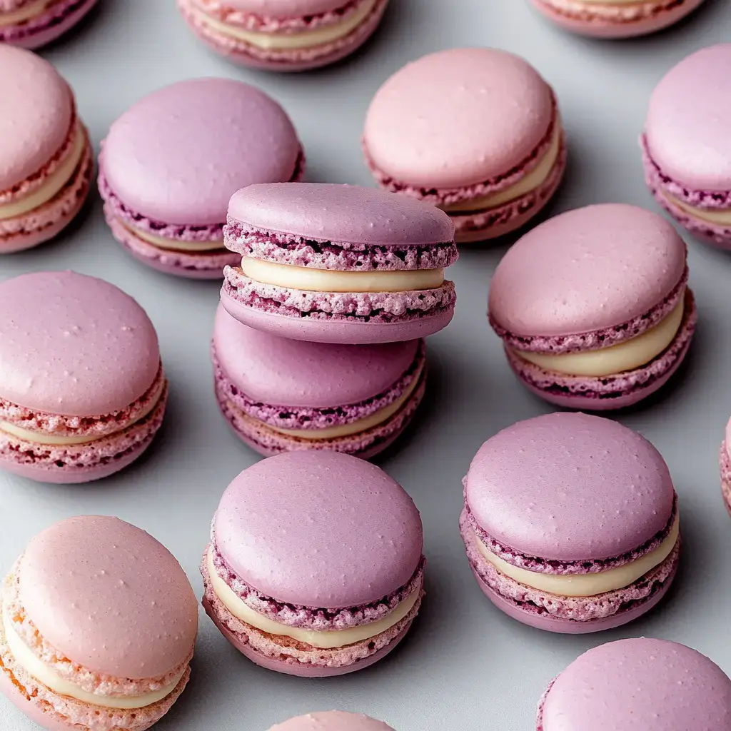 A variety of pink and purple macarons are artfully arranged on a light surface.