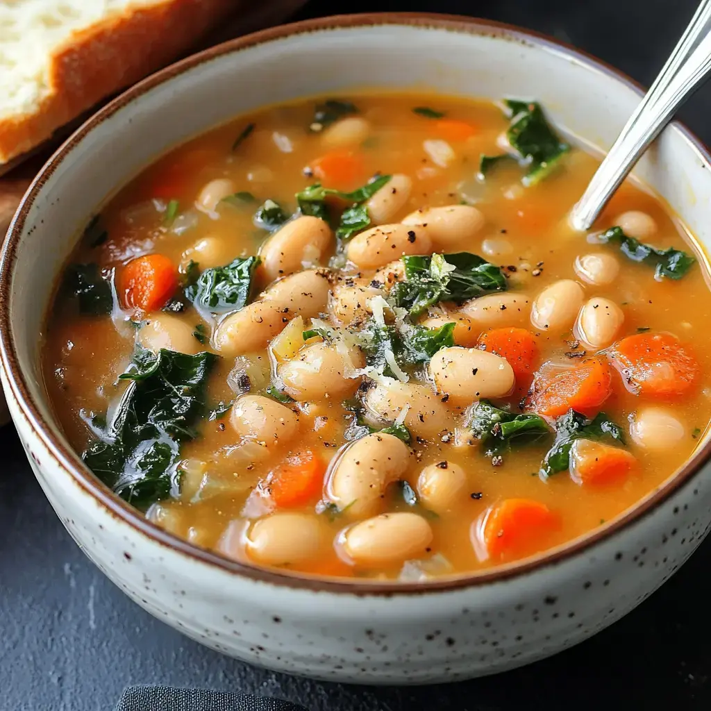 A bowl of hearty white bean soup with carrots and kale, garnished with herbs, beside a slice of bread.