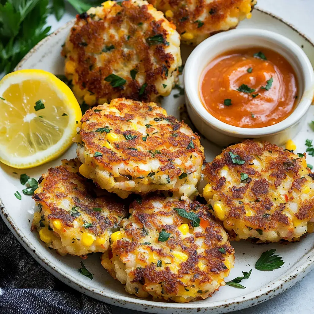 A plate of golden-brown corn fritters garnished with parsley, a lemon wedge, and a small bowl of dipping sauce.