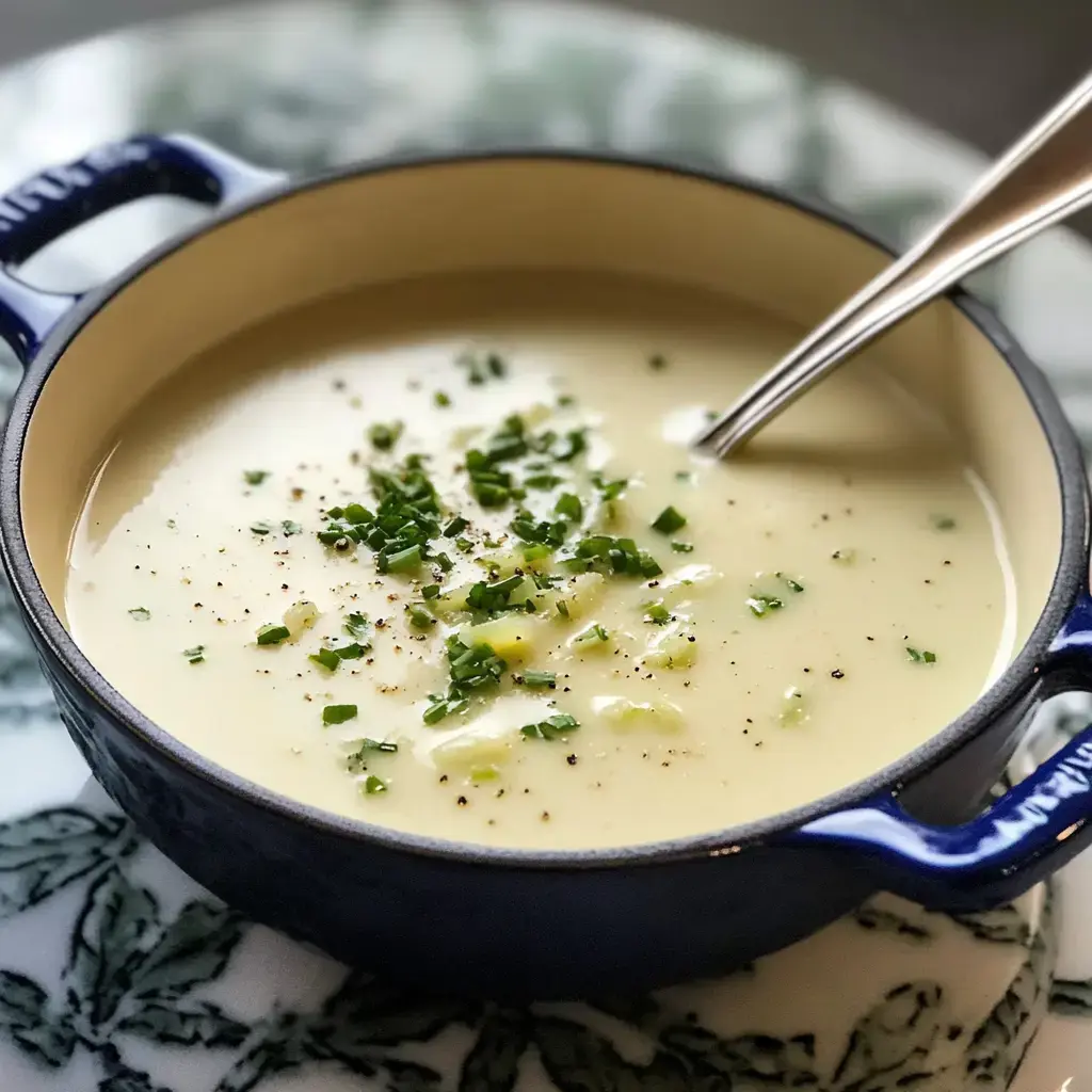 A bowl of creamy soup topped with chopped herbs and pepper, with a spoon resting inside.