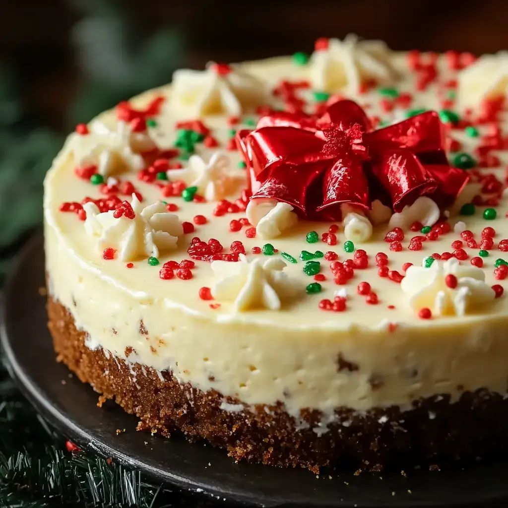 A festive cheesecake adorned with red and green sprinkles and a red bow sits on a black plate.