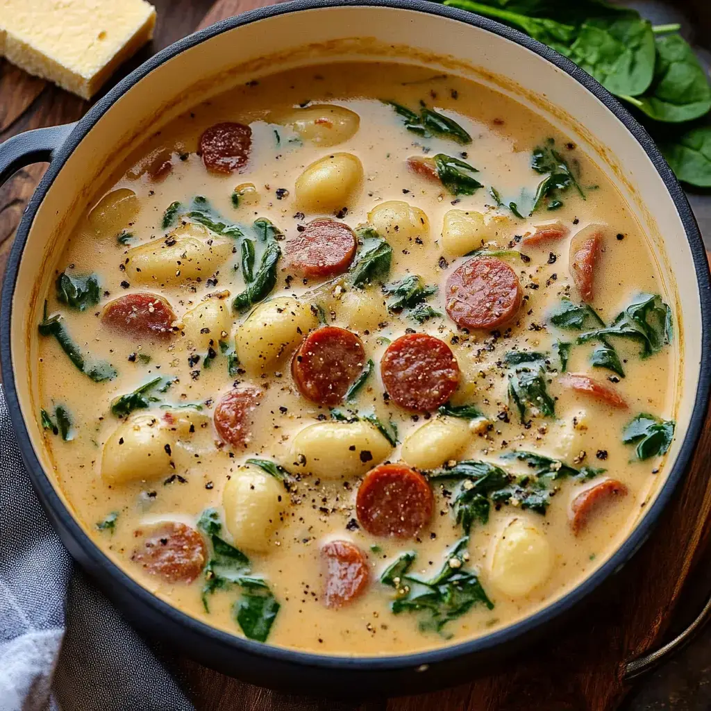 A creamy pasta dish with spinach and sliced pepperoni served in a pot.