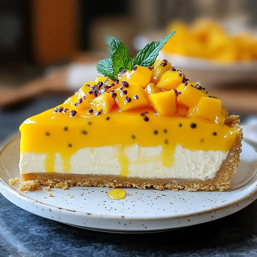 A slice of mango cheesecake topped with fresh mango chunks, a glossy mango glaze, and mint leaves, served on a speckled plate.