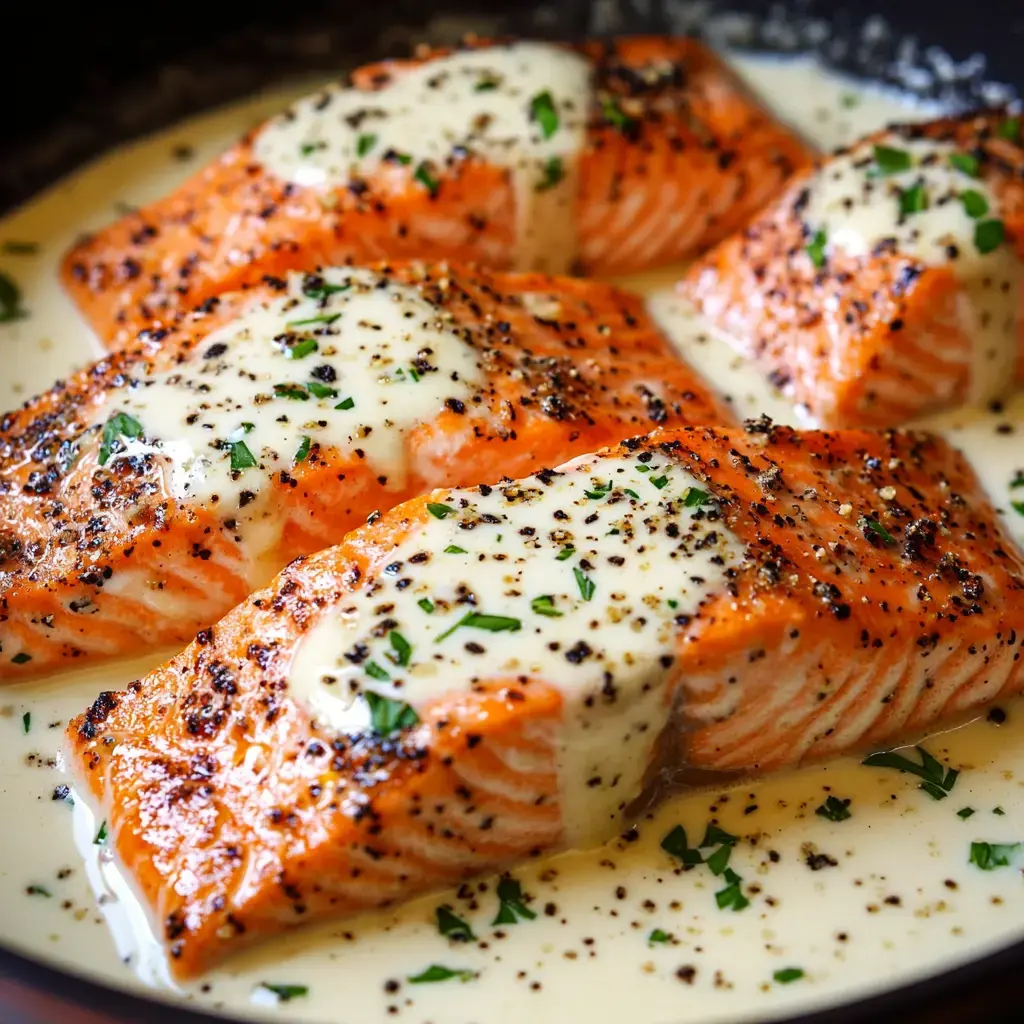 A close-up of cooked salmon fillets topped with a creamy sauce and garnished with black pepper and chopped parsley.