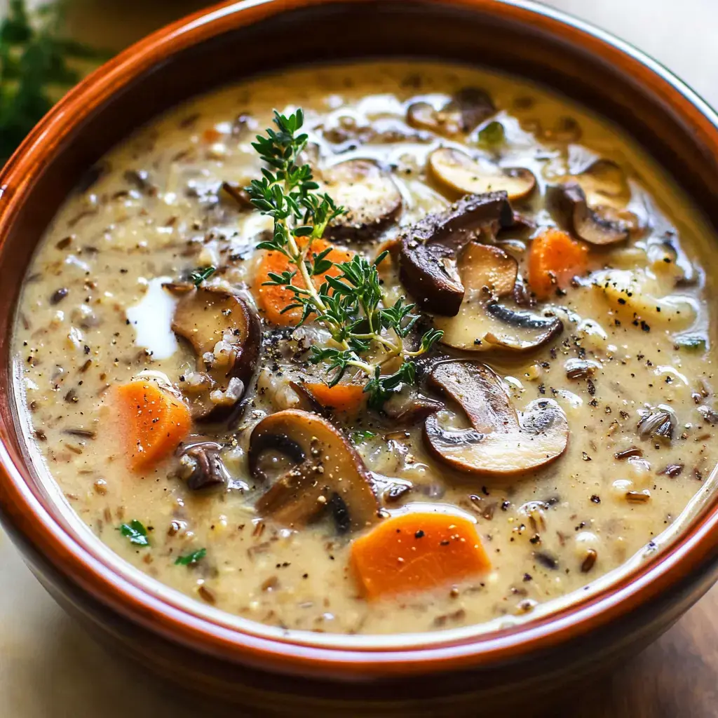 A bowl of creamy mushroom soup garnished with thyme and featuring carrots and rice.