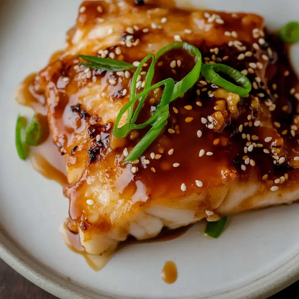 A piece of grilled fish is drizzled with a glossy sauce, garnished with sesame seeds and sliced green onions.