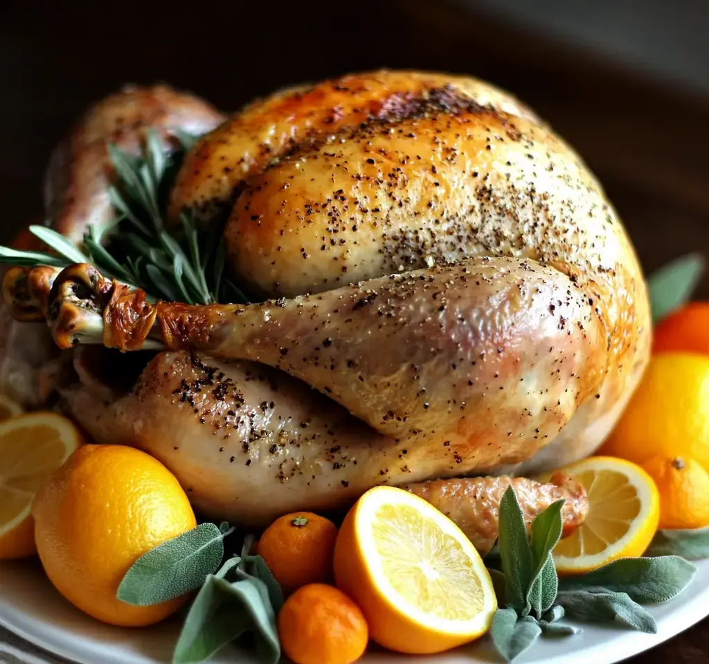 A beautifully roasted turkey garnished with fresh herbs and surrounded by oranges and lemons on a serving platter