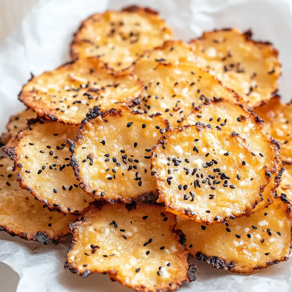 A close-up of a stack of golden, crispy potato chips sprinkled with black sesame seeds on a white parchment.