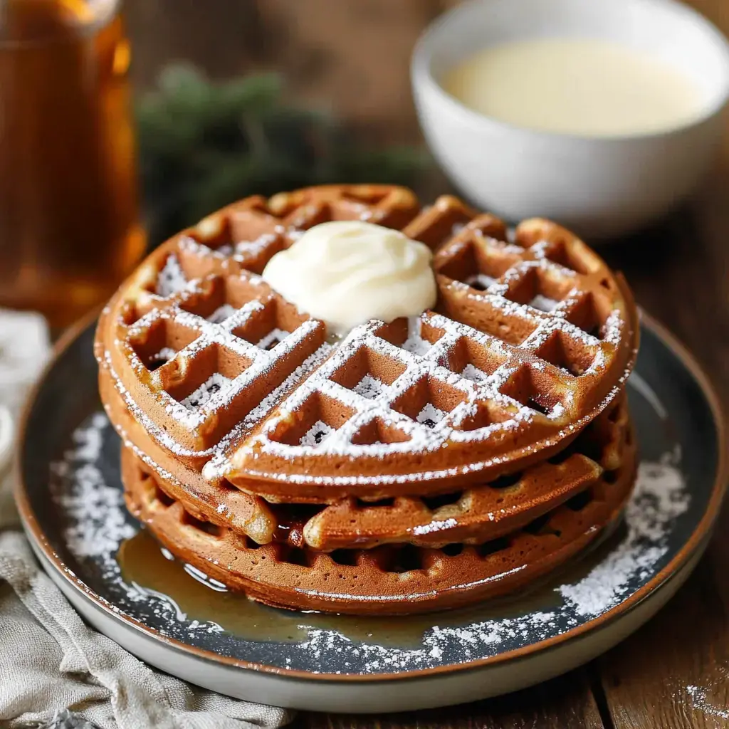 A stack of two golden-brown waffles topped with a dollop of butter and powdered sugar, served with syrup and a small bowl of creamy sauce in the background.