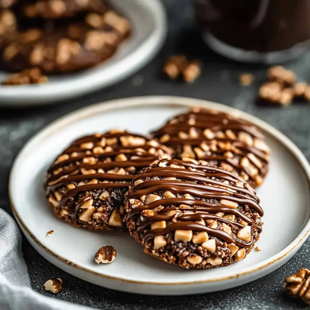 A plate of three chocolate cookies topped with drizzled chocolate and chopped nuts.