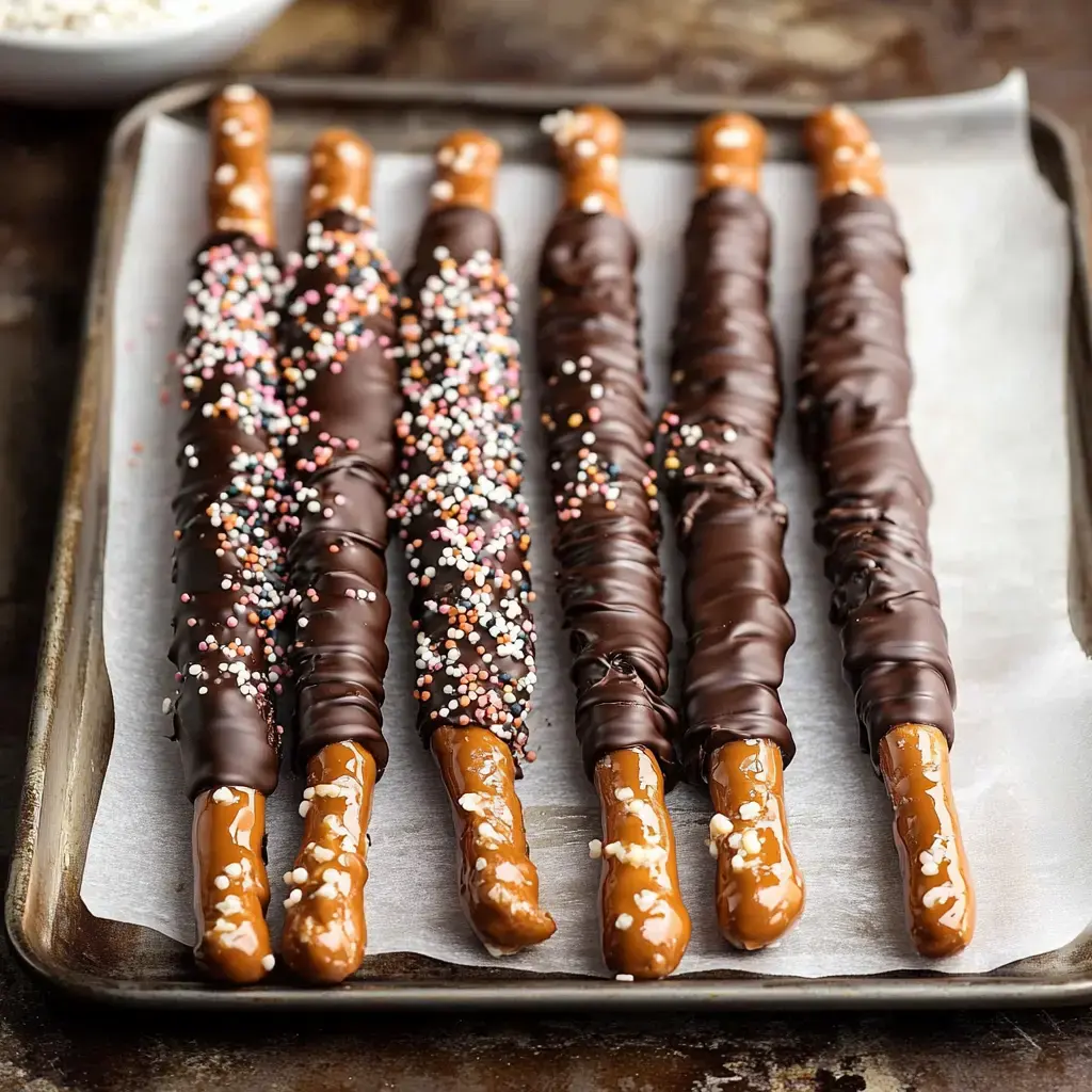 A tray of chocolate-covered pretzel sticks, some decorated with colorful sprinkles, arranged on parchment paper.