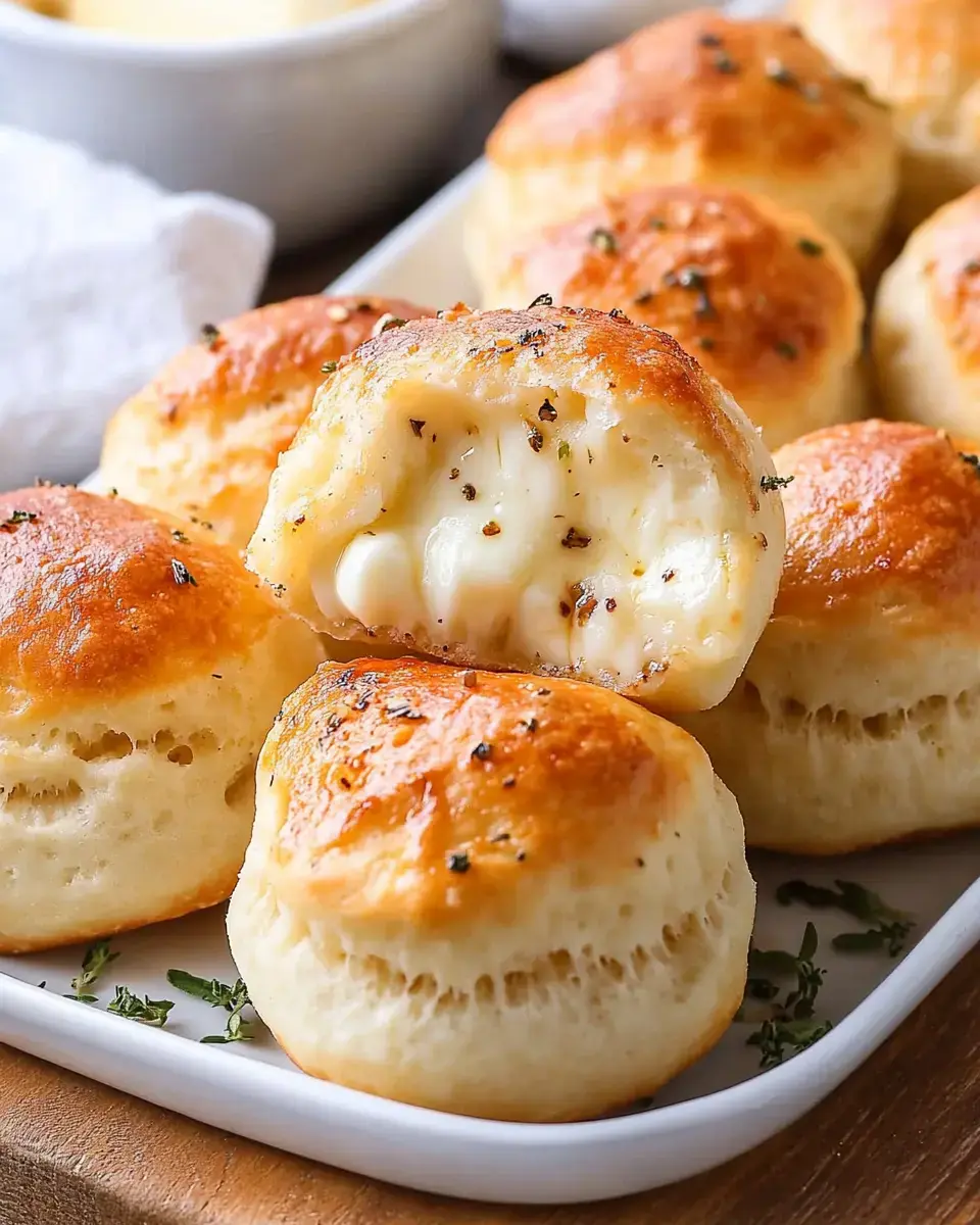 A close-up of cheesy biscuits, one broken open to reveal gooey cheese inside, served on a white platter with herbs sprinkled on top.