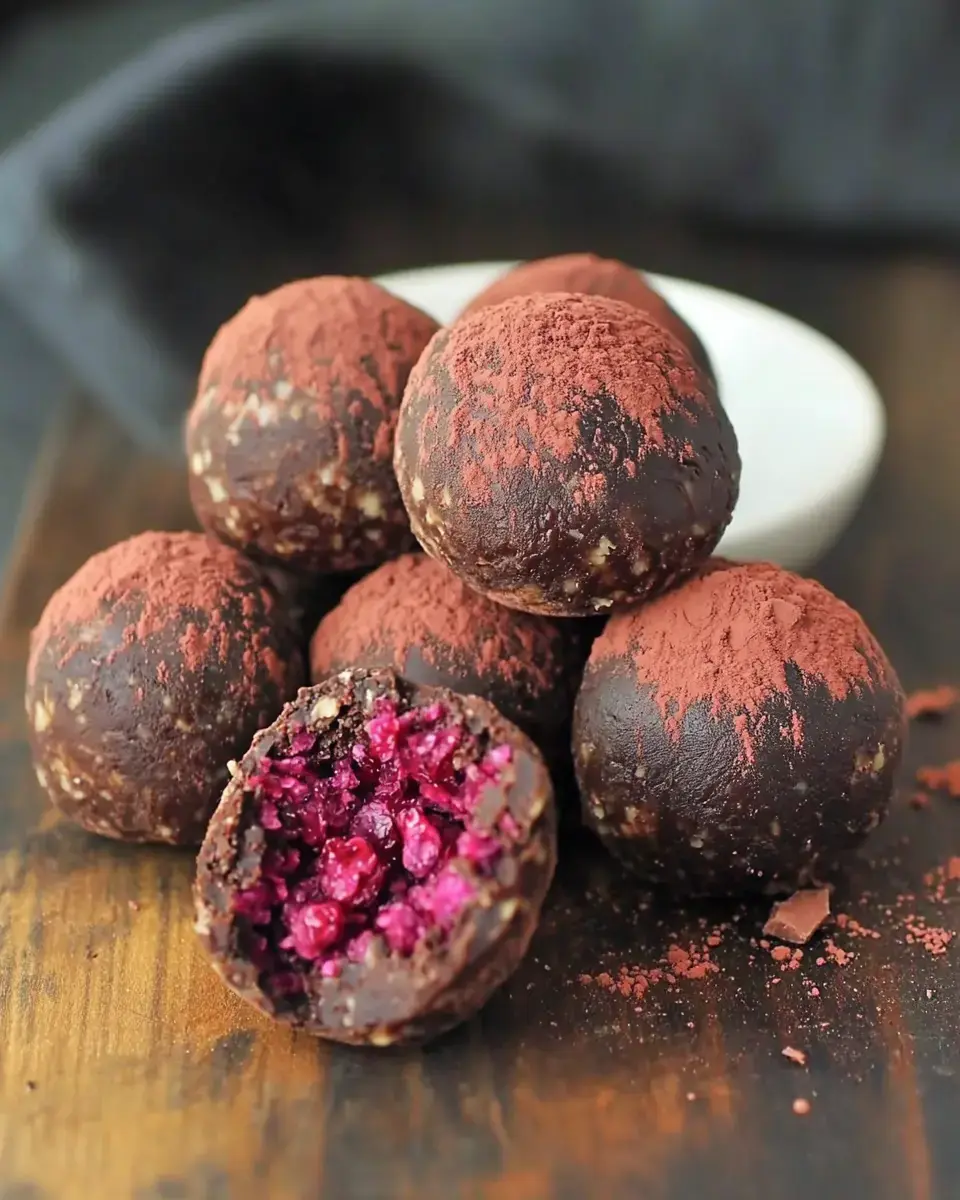 A plate of chocolate energy balls dusted with cocoa powder, one of which is cut open to reveal a vibrant pink filling inside.