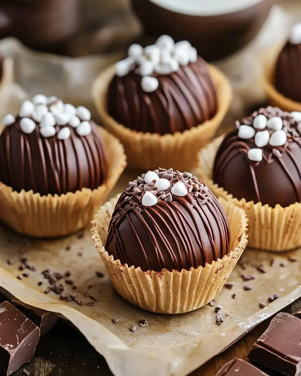 A collection of decorative chocolate spheres topped with white and chocolate sprinkles, placed in paper cups on a wooden surface.