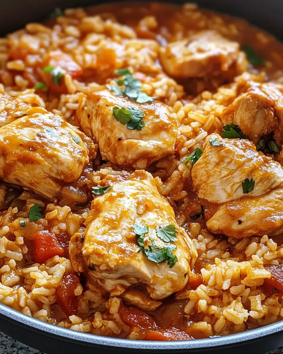 A close-up of chicken pieces simmered in a flavorful rice dish, garnished with fresh cilantro.