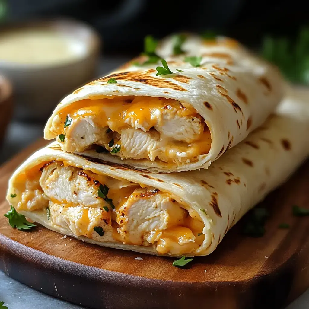 Two grilled chicken and cheese wraps are stacked on a wooden cutting board, garnished with fresh herbs.