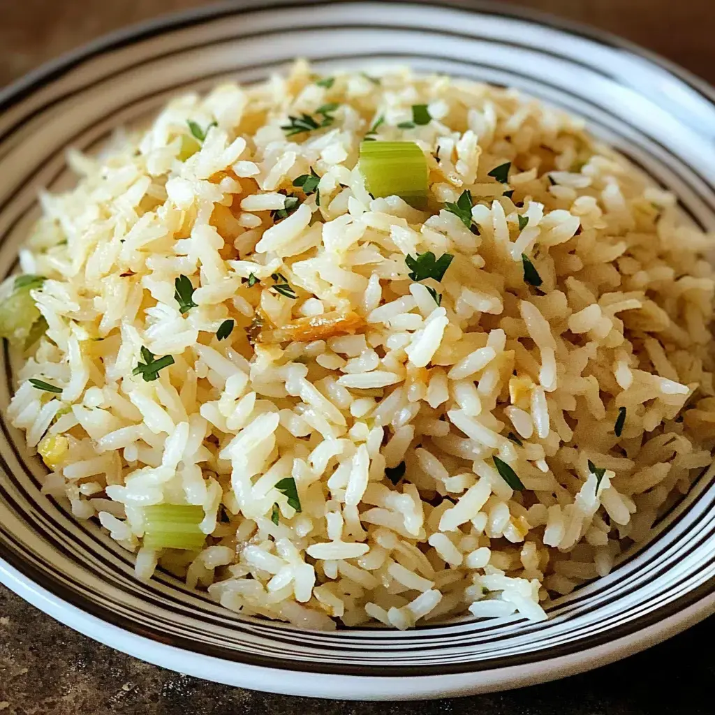 A close-up of a serving of fluffy rice garnished with chopped green herbs in a striped bowl.