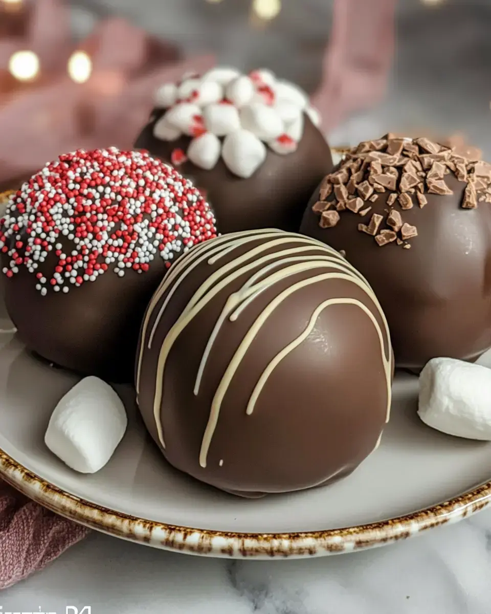 A plate of decorated chocolate truffles featuring festive toppings like sprinkles, crushed chocolate, and small marshmallows.