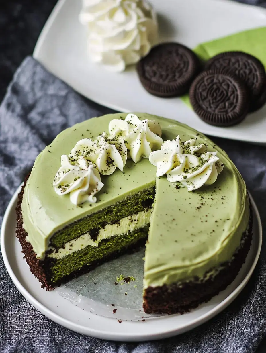 A layered matcha cake with green frosting, decorated with swirls of whipped cream, sits on a plate alongside cookies and a dollop of whipped cream.