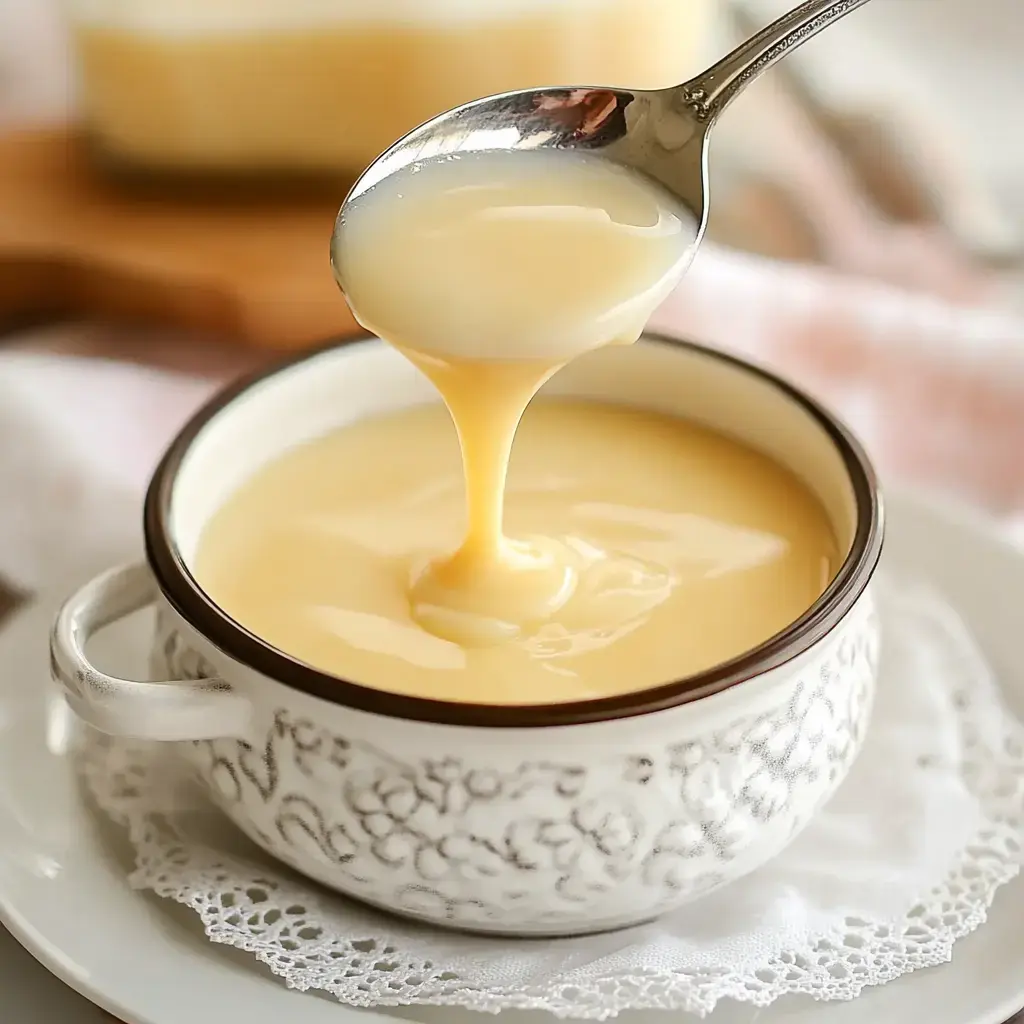 A spoon scoops creamy, yellow sauce from a decorative bowl, with a lace doily beneath.